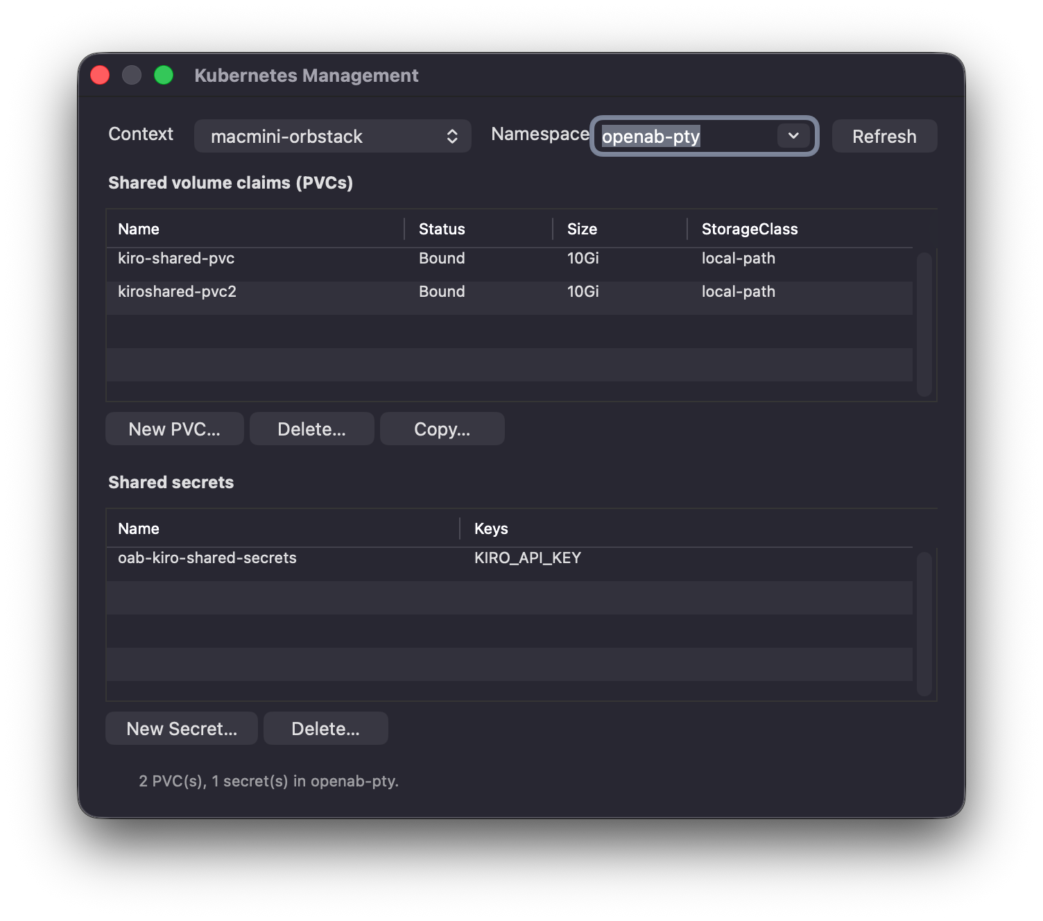 OpenAB Connect's Kubernetes management panel: context macmini-orbstack, namespace openab-pty; shared volume claims list kiro-shared-pvc and kiroshared-pvc2 (Bound, 10Gi, local-path) with New PVC / Delete / Copy buttons below; shared secrets list oab-kiro-shared-secrets (key KIRO_API_KEY)