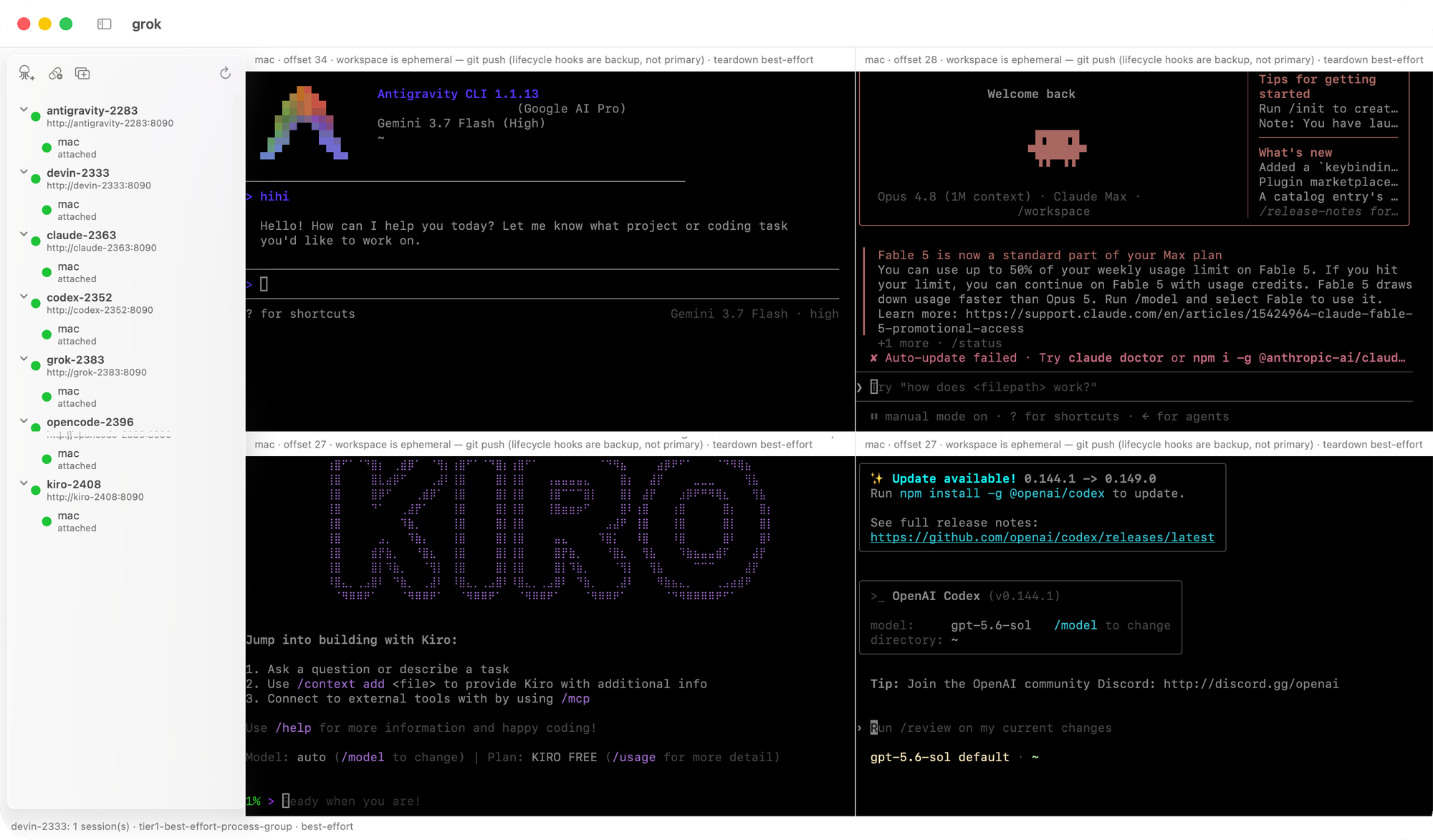サイドバーに 7 つのエージェント接続、4 つのターミナルペインがそれぞれ別の coding CLI に接続している OpenAB Connect