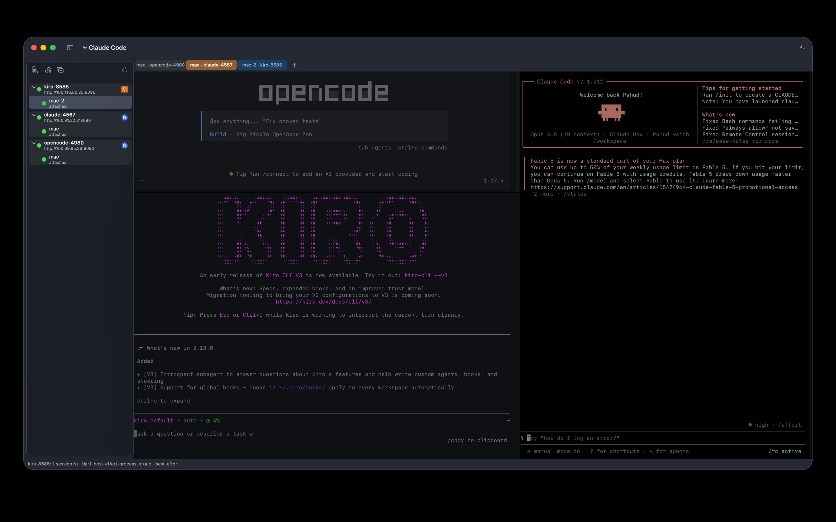 OpenAB Connect 1.3.0 with three connection cards, colour-coded session tabs, and split terminal panes running OpenCode, Claude Code, and Kiro